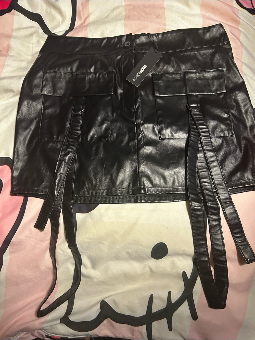Fashion Nova Black Faux Leather Mini Skirt with Straps